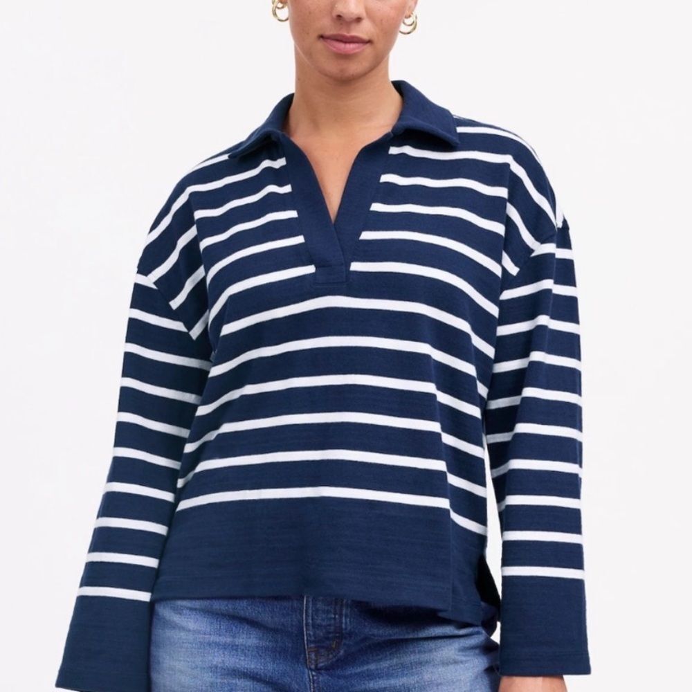 NWT Madewell Navy and White Rugby Polo V-Neck Collared Top XXS